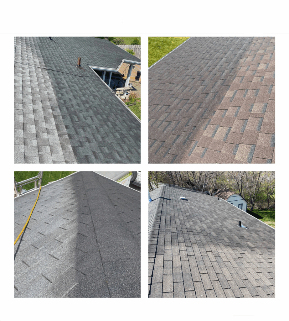 before and after picture of a shingle roof rejuvanated, roof color change, roof coating, roof repair